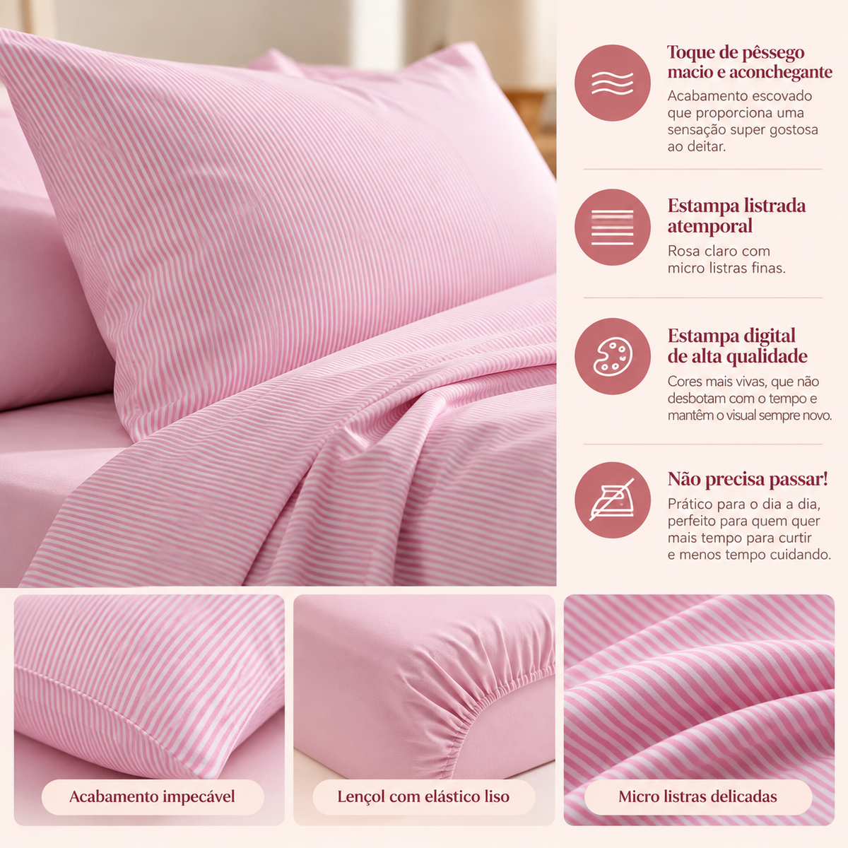 Jogo de Cama Toque Aveludado Basicasa Listra Rosa - Solteiro