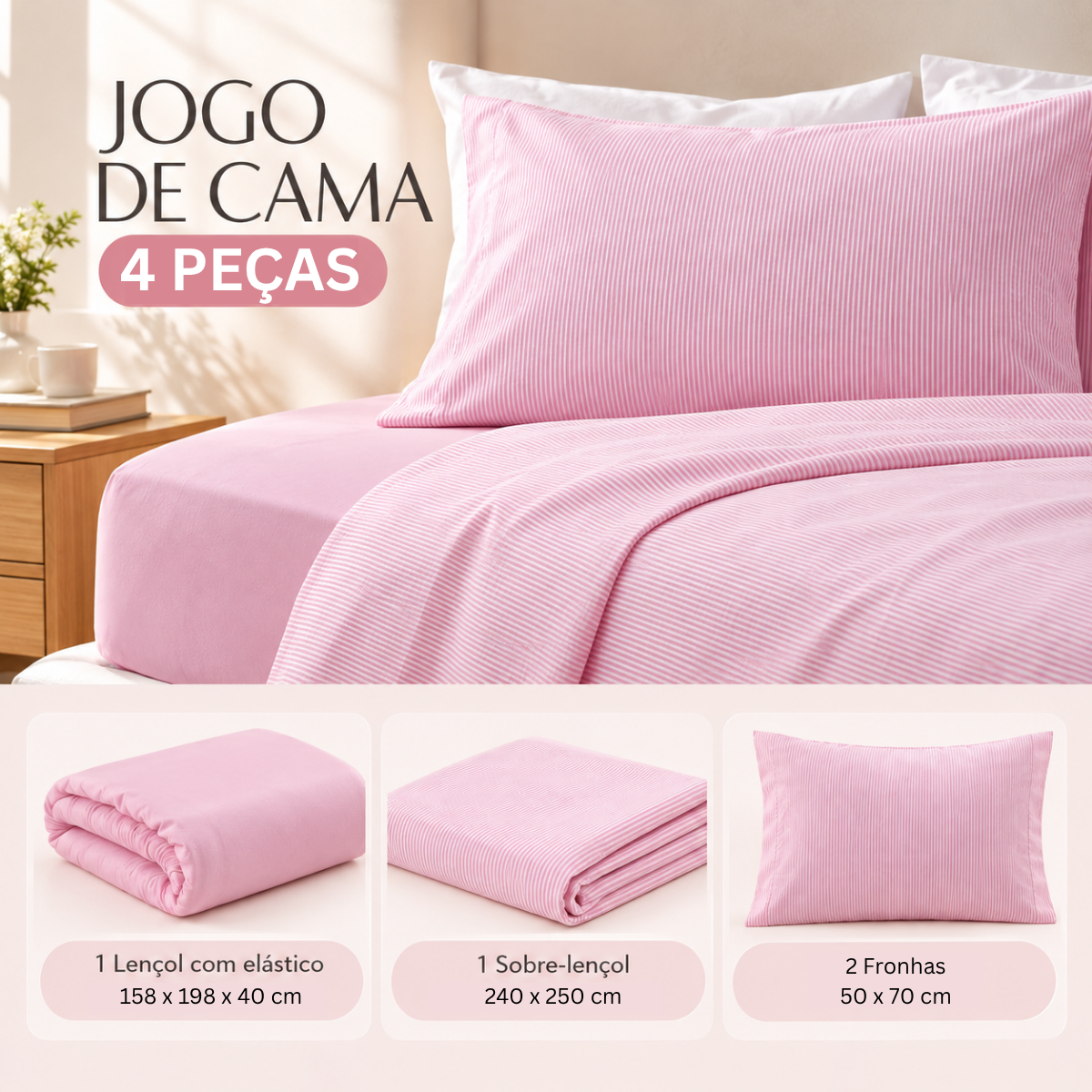 Jogo de Cama Toque Aveludado Basicasa Listra Rosa - Queen